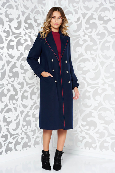 Palton Military LaDonna albastru-inchis casual din lana drept cu rand dublu de nasturi