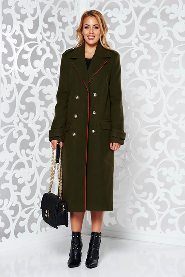 Palton Military LaDonna khaki casual din lana drept cu rand dublu de nasturi