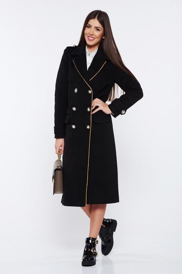 Palton Military LaDonna negru casual din lana drept cu rand dublu de nasturi