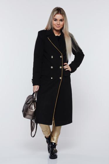 Palton Military LaDonna negru casual din lana drept cu rand dublu de nasturi