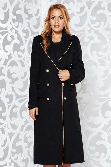 Palton Military LaDonna negru casual din lana drept cu rand dublu de nasturi