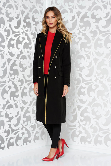 Palton Military LaDonna negru casual din lana drept cu rand dublu de nasturi