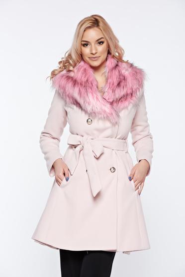 Palton LaDonna rosa elegant din lana cu insertii de blana ecologica detasabile