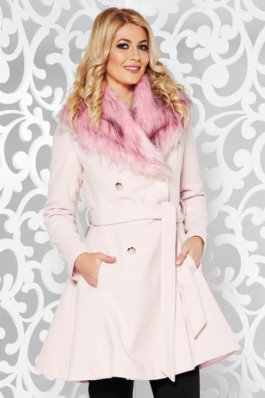 Palton LaDonna rosa elegant din lana cu insertii de blana ecologica detasabile