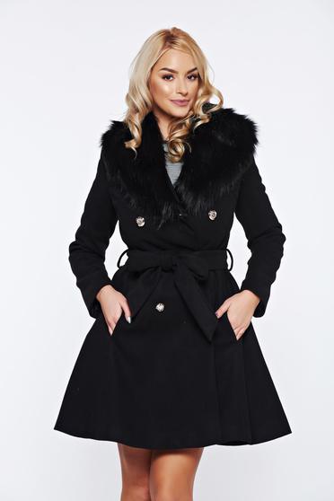 Palton LaDonna negru elegant din lana cu insertii de blana ecologica detasabile