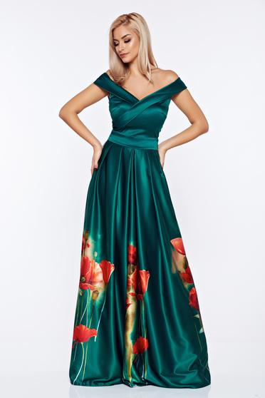 Rochie Artista verde de ocazie din material satinat cu imprimeuri florale
