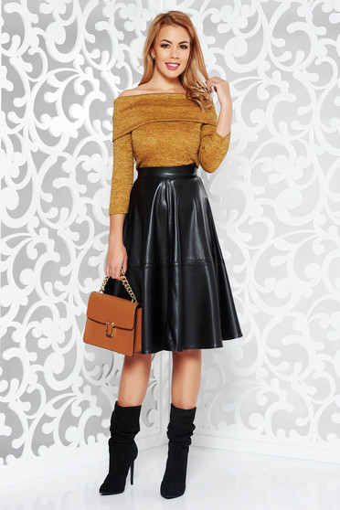 Fusta StarShinerS neagra casual in clos cu talie inalta din piele ecologica
