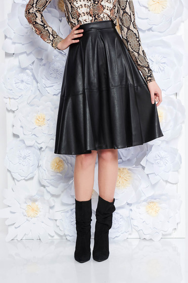Fusta StarShinerS neagra casual in clos cu talie inalta din piele ecologica