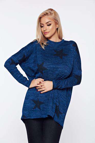 Pulover PrettyGirl albastru casual tricotat cu croi larg cu imprimeuri grafice