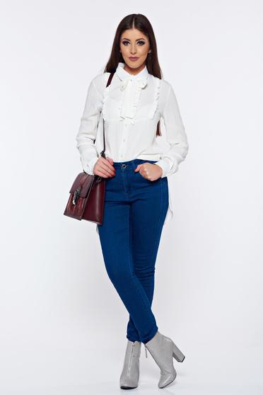 Camasa dama PrettyGirl alba eleganta din voal cu croi asimetric cu volanase