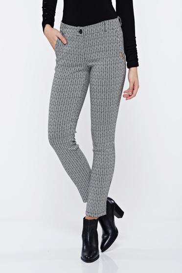Pantaloni PrettyGirl negri office conici cu talie medie cu imprimeu grafic