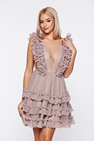 Rochie Ana Radu aurie de lux cu spatele gol din tul captusita pe interior cu decolteu in v