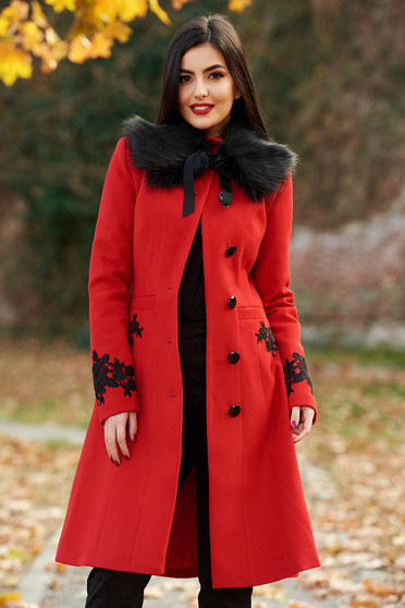 Palton LaDonna rosu Best Impulse elegant din lana cu insertii de broderie captusit pe interior cu buzunare