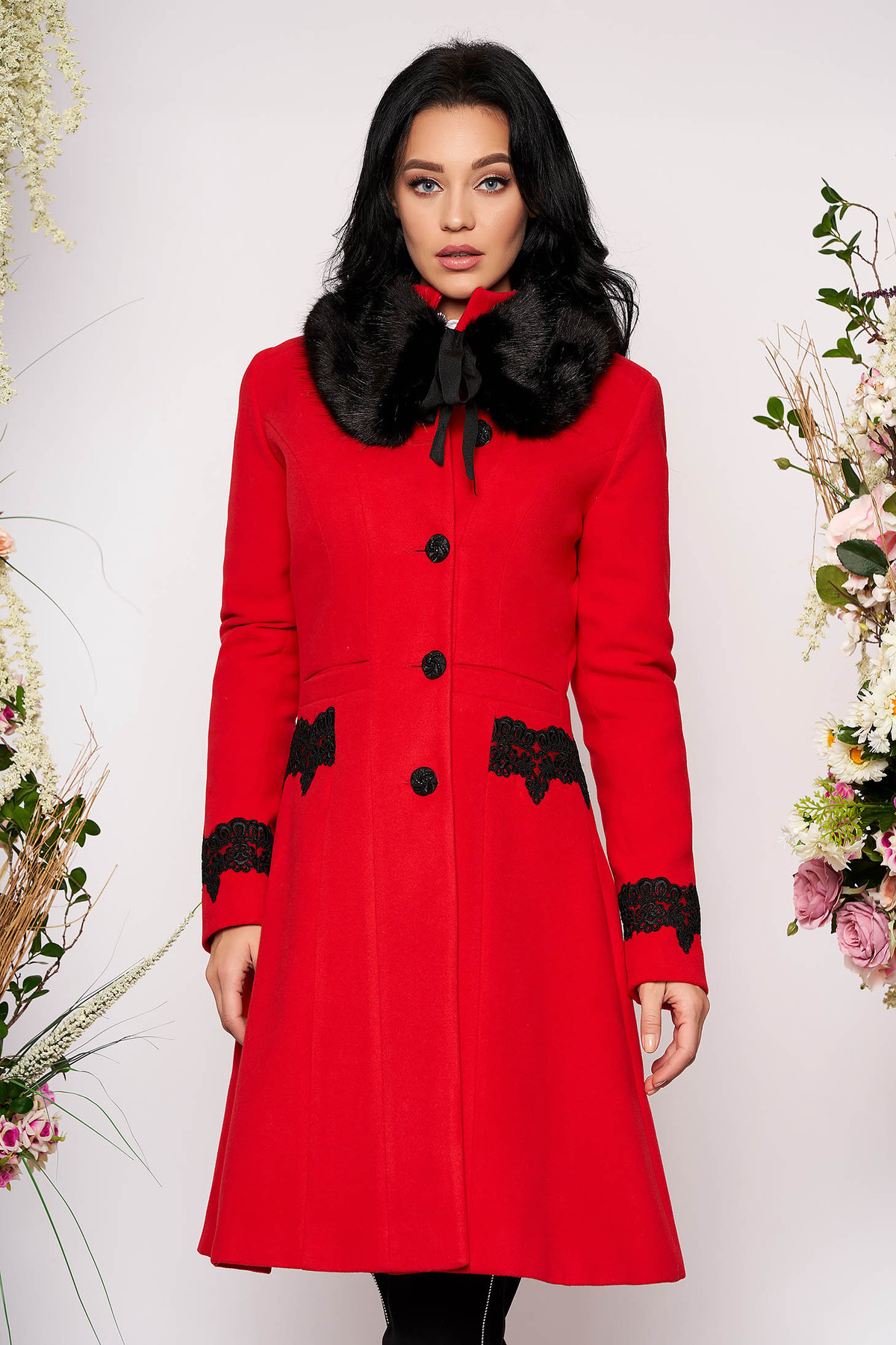 Palton rosu StarShinerS best impulse elegant din lana cu insertii de broderie captusit pe interior