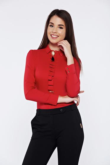 Camasa dama rosie Fofy office din bumbac elastic cu guler ascutit accesorizata cu brosa