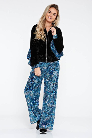 Set Ocassion negru casual cu croi larg din catifea cu buzunare si volanase la maneca