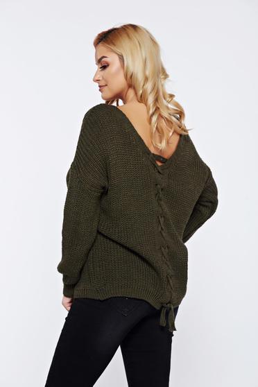 Pulover khaki casual tricotat cu spatele decupat accesorizat cu snur