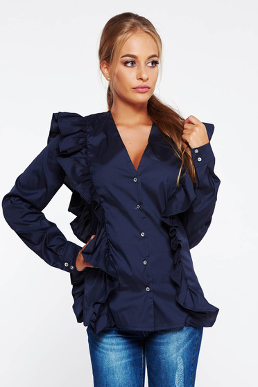 Camasa dama PrettyGirl albastra-inchis office din bumbac cu volanase
