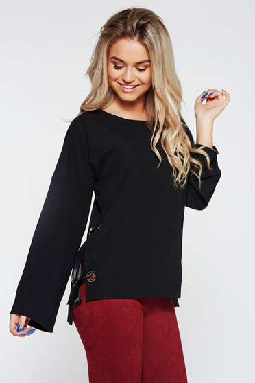 Bluza dama PrettyGirl neagra casual asimetrica cu snur