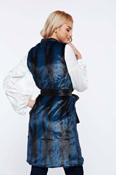 Vesta PrettyGirl albastra-inchis casual din blana ecologica cu buzunare