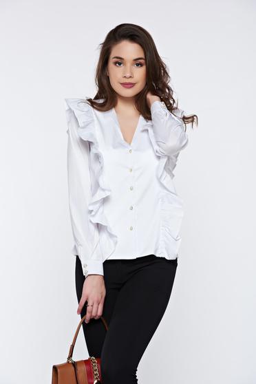 Camasa dama PrettyGirl alba office din bumbac cu volanase