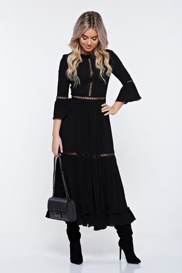 Rochie Ana Radu neagra eleganta in clos plisata din voal cu maneci clopot