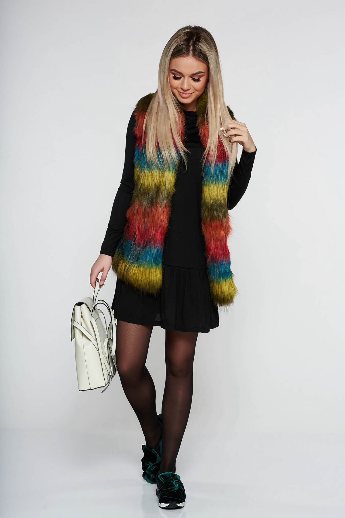 Vesta PrettyGirl albastra casual din blana ecologica