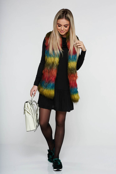 Vesta PrettyGirl albastra casual din blana ecologica