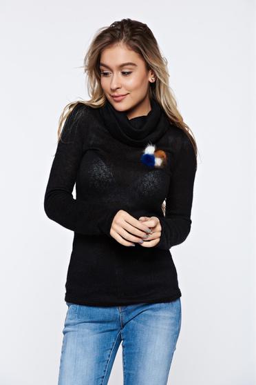 Pulover PrettyGirl negru casual tricotat pe gat