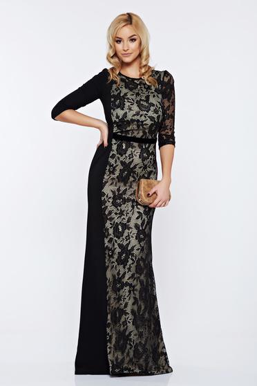 Rochie StarShinerS neagra de ocazie lunga sirena cu aplicatii de dantela