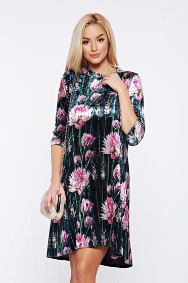 Rochie StarShinerS neagra de zi asimetrica din catifea cu croi larg