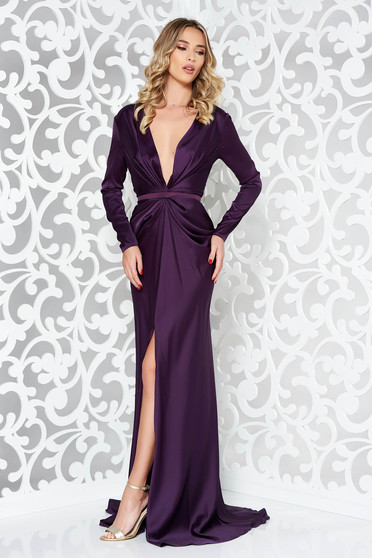 Rochie Ana Radu mov de lux tip sirena din material satinat cu decolteu adanc accesorizata cu cordon