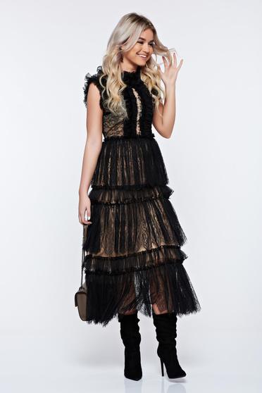 Rochie Ana Radu neagra de ocazie in clos din dantela cu material incretit