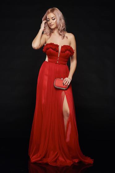 Rochie Ana Radu rosie de lux cu bust buretat din tul captusita pe interior