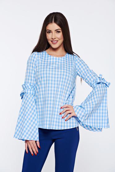 Bluza dama LaDonna albastra cu patratele din bumbac cu croi larg cu maneci clopot