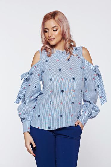 Bluza dama LaDonna albastra-deschis casual brodata cu dungi