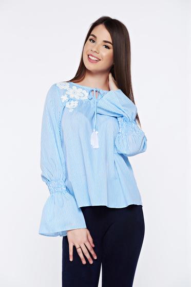 Bluza dama LaDonna albastra-deschis cu dungi casual brodata din bumbac