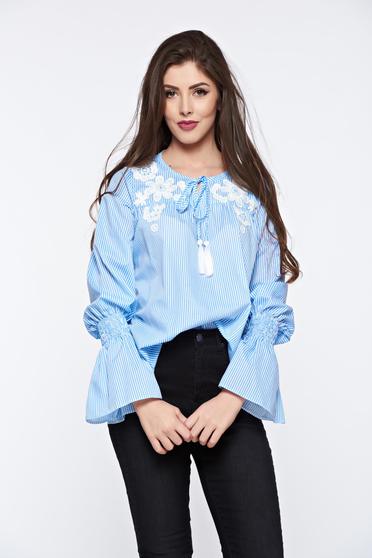 Bluza dama LaDonna albastra-deschis cu dungi casual brodata din bumbac
