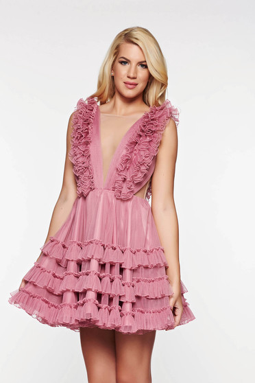 Rochie Ana Radu rosa de lux cu spatele gol din tul captusita pe interior cu decolteu in v
