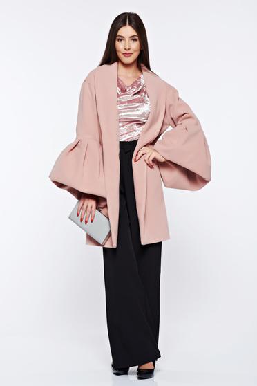 Palton Ana Radu rosa elegant din lana captusit pe interior cu maneci clopot