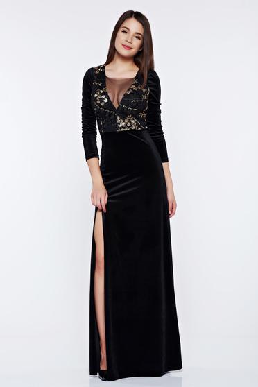 poze cu Rochie Artista neagra de ocazie din catifea cu maneca lunga