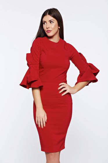 Rochie Artista rosie eleganta tip creion din stofa cu maneci clopot