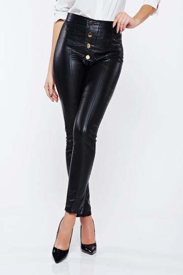 Pantaloni PrettyGirl negri casual conici cu talie inalta din piele ecologica