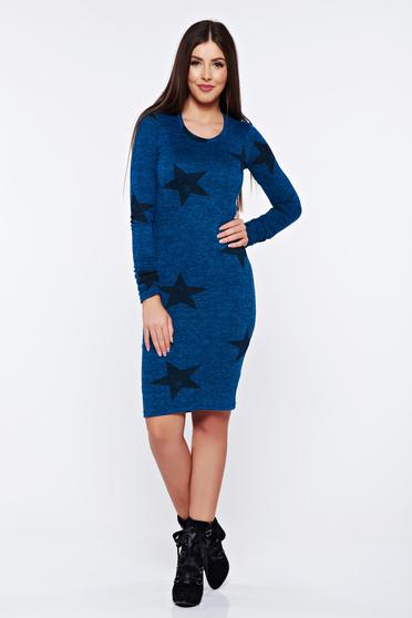Rochie PrettyGirl turcoaz casual tip creion tricotata cu print