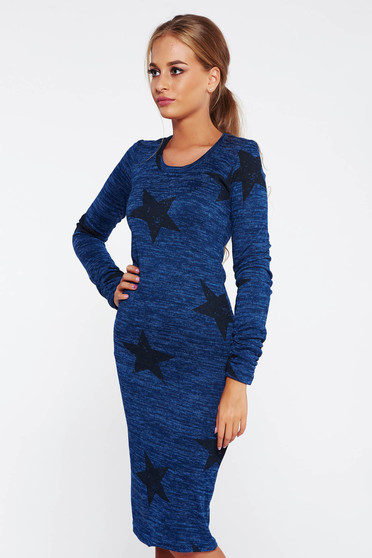 Rochie PrettyGirl albastra-inchis casual tip creion tricotata cu print