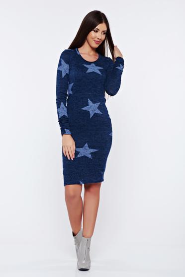 Rochie PrettyGirl mov albastra tip creion tricotata cu print