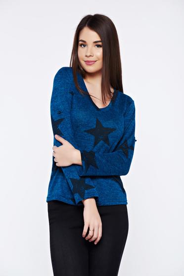 Pulover PrettyGirl albastru casual cu decolteu in v cu croi larg