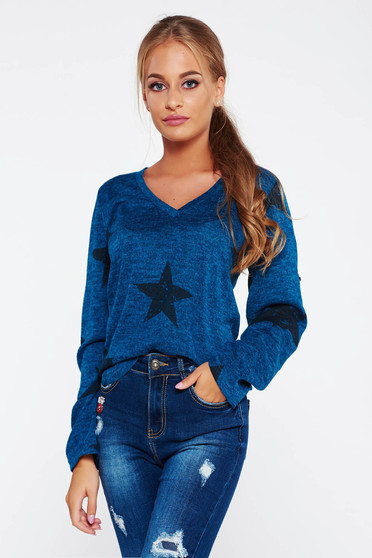 Pulover PrettyGirl albastru casual cu decolteu in v cu croi larg