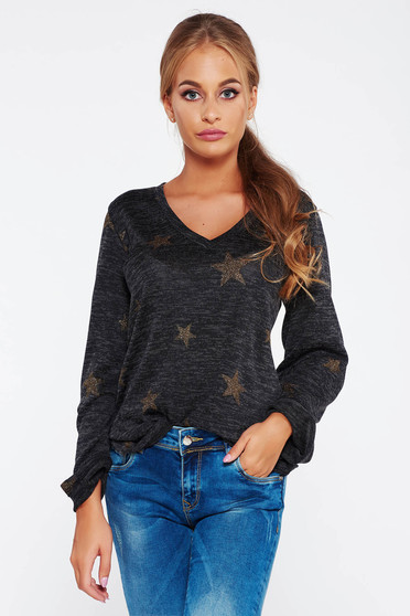 Pulover PrettyGirl negru casual cu decolteu in v cu croi larg