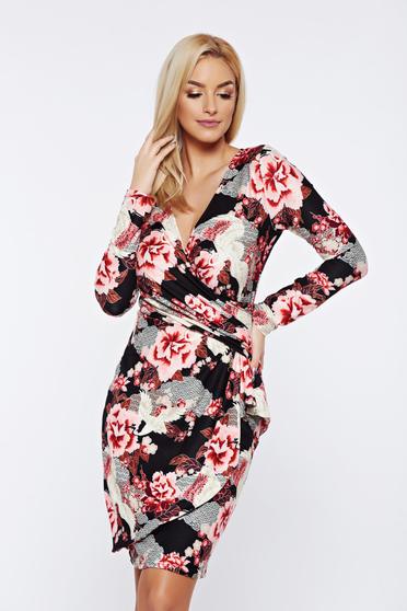 Rochie MissQ neagra cu imprimeuri florale de zi petrecuta din material catifelat
